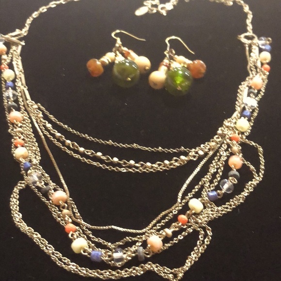 Loft Gold Tone Multi Strand Necklace & Earrings With Earth Tone Beads - Picture 2 of 13